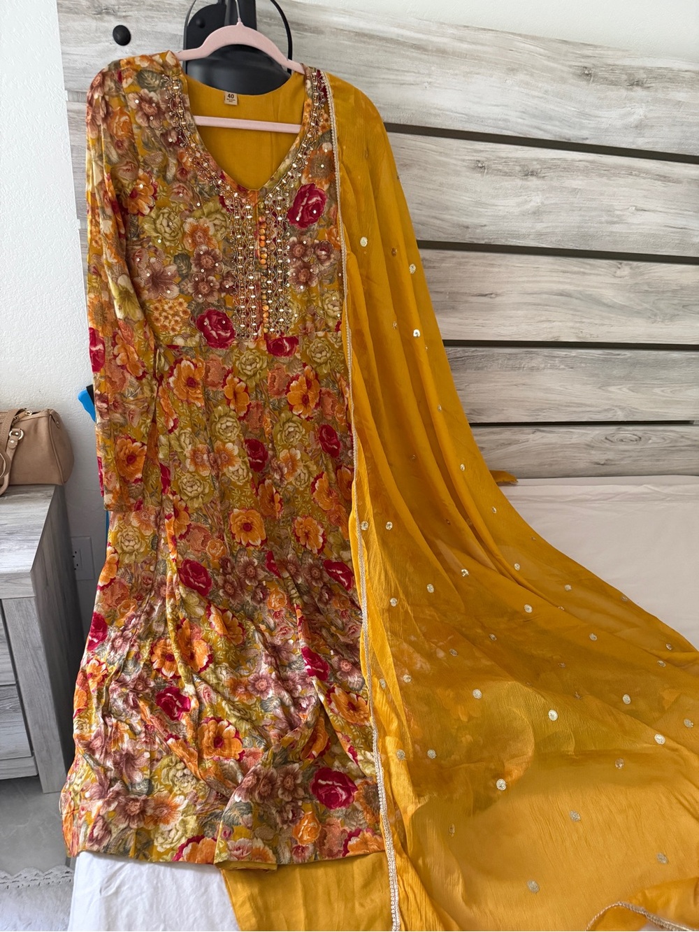 Mustard Floral Embellished Women's Dress with Dupatta